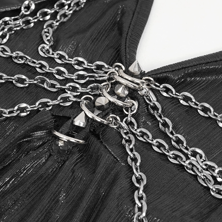 Black gothic sleeveless maxi dress with metal chain chest embellishment and high side slit on dress form, front mannequin view
