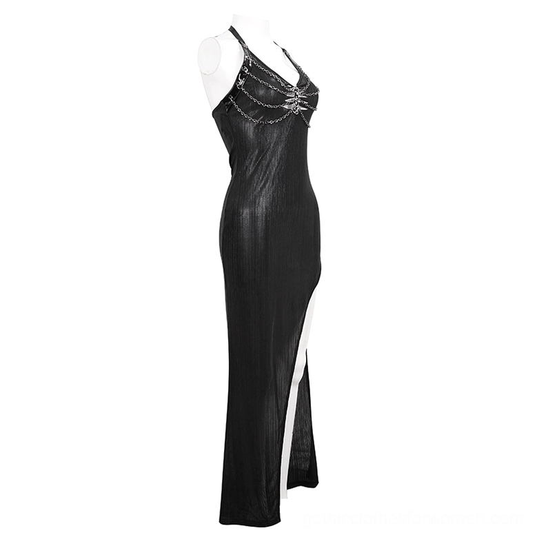 Black gothic slim-fit sleeveless maxi dress with chain decoration and high side slit on mannequin, front view