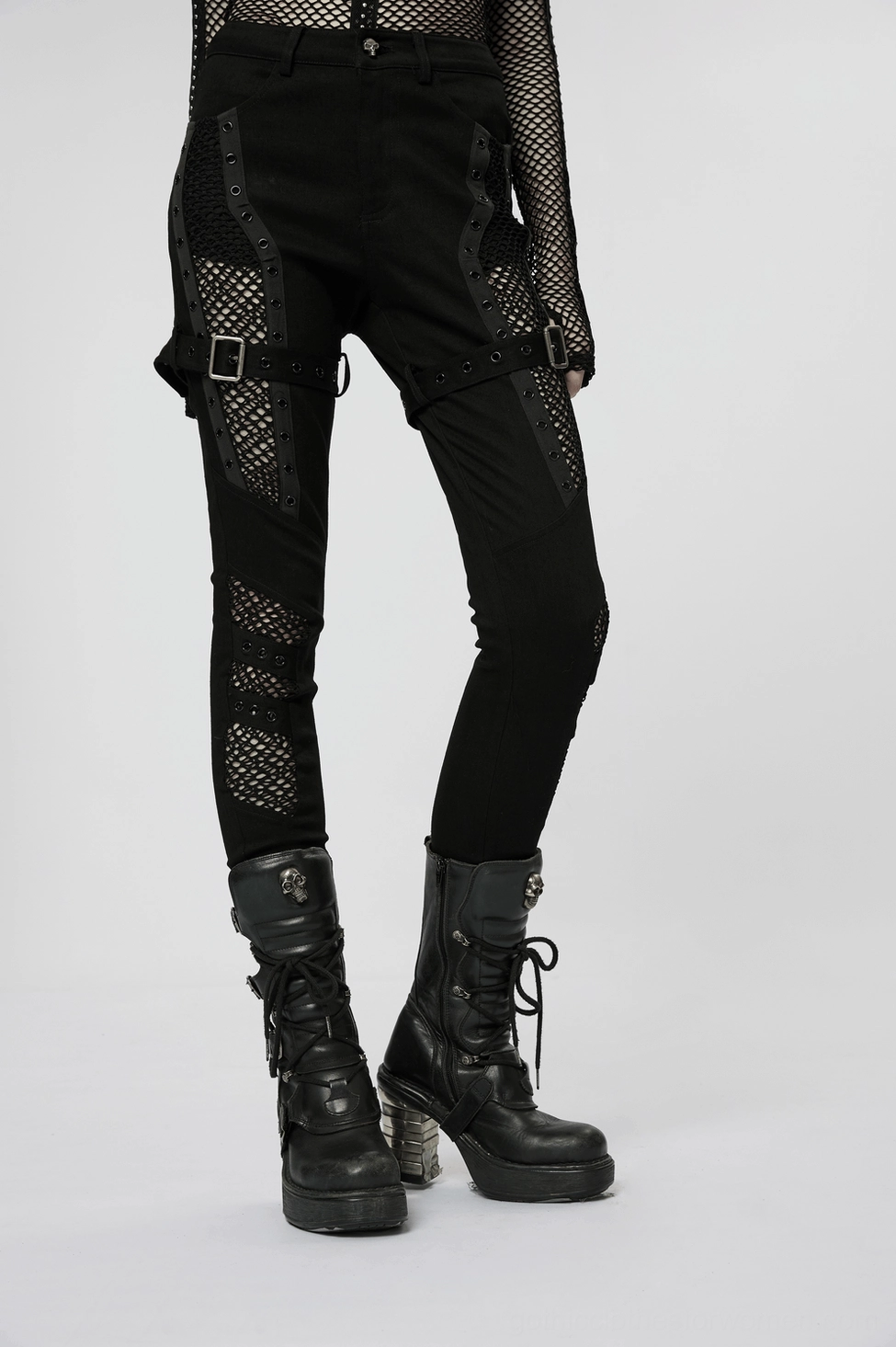 Black gothic slim-fit trousers with transparent mesh inserts styling showcase