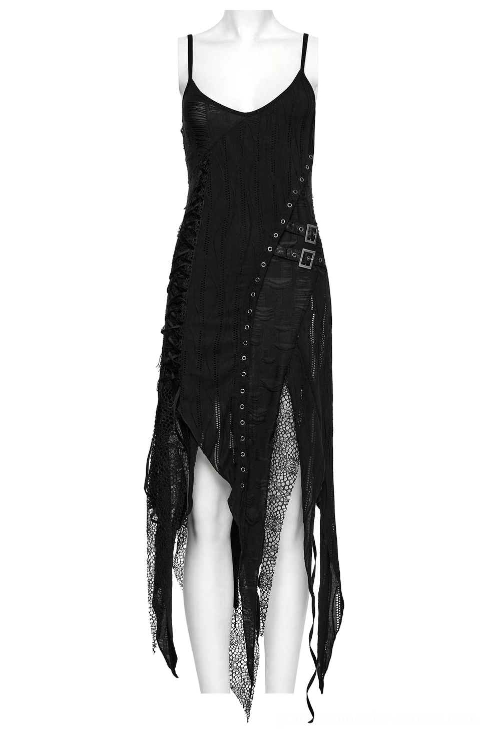 Black gothic lace slip dress front view with asymmetric tattered hem and fishnet mesh