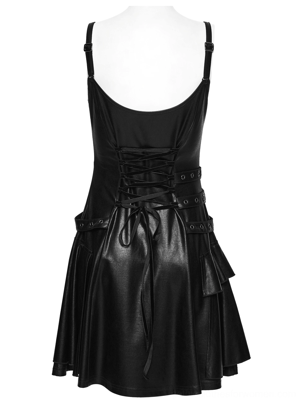 Black gothic slip dress back mannequin view showing corset lace-up fastening and flared skirt