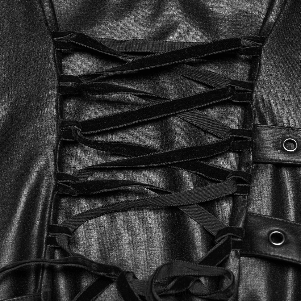 Close-up detail of black gothic slip dress lace-up corset back with ribbon lacing and eyelets