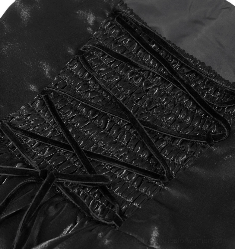 Gothic black slip dress detail view of adjustable drawstring and waist construction with lace elements