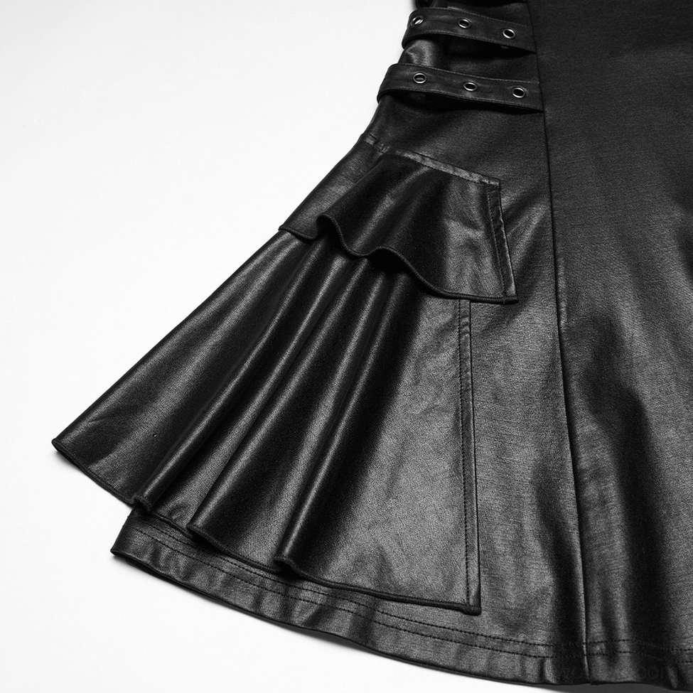 Black gothic slip dress fabric close-up showing rubberized knit texture and sheen