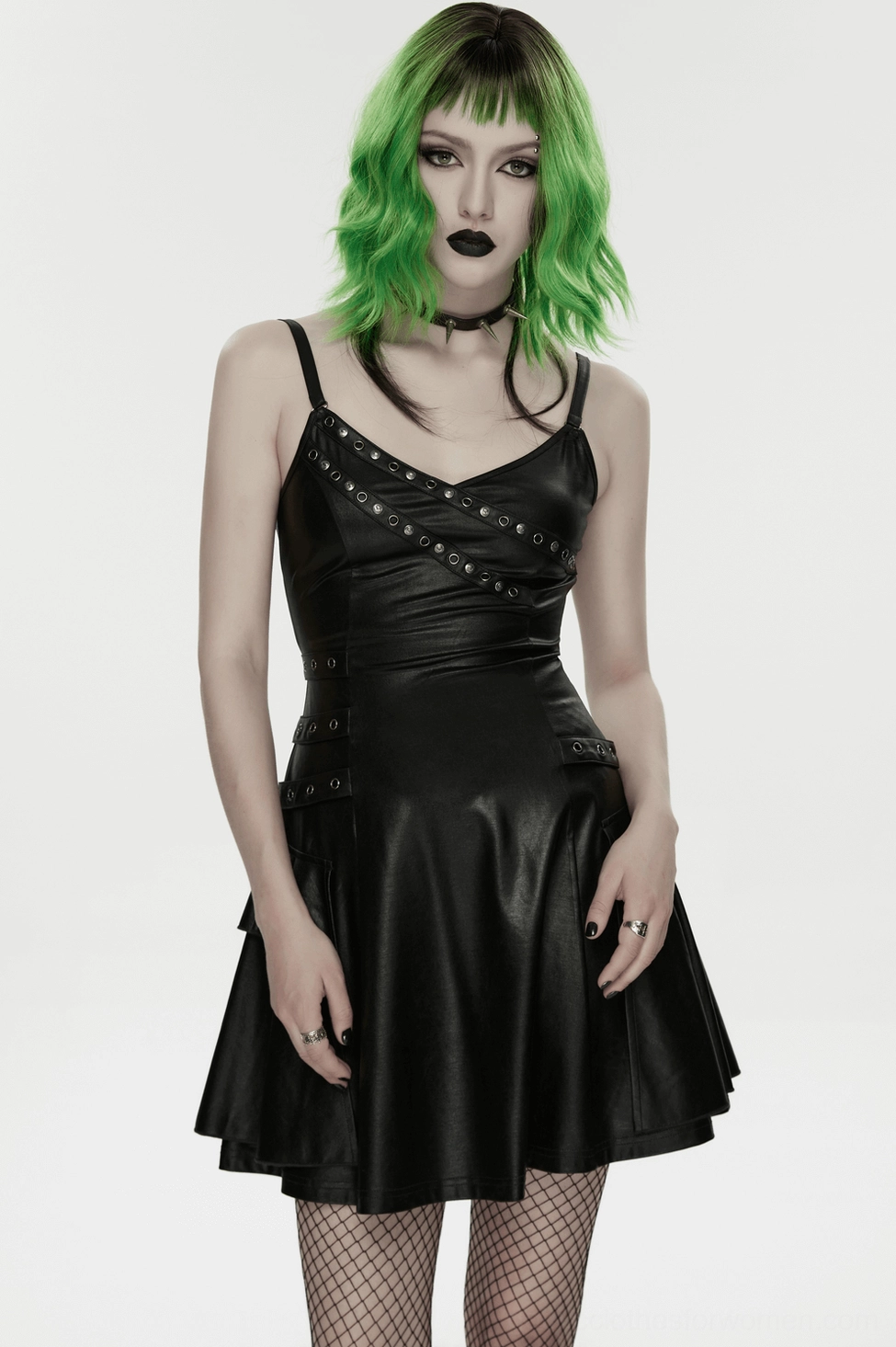 Black gothic slip dress worn by model displaying flared skirt and fitted bodice design
