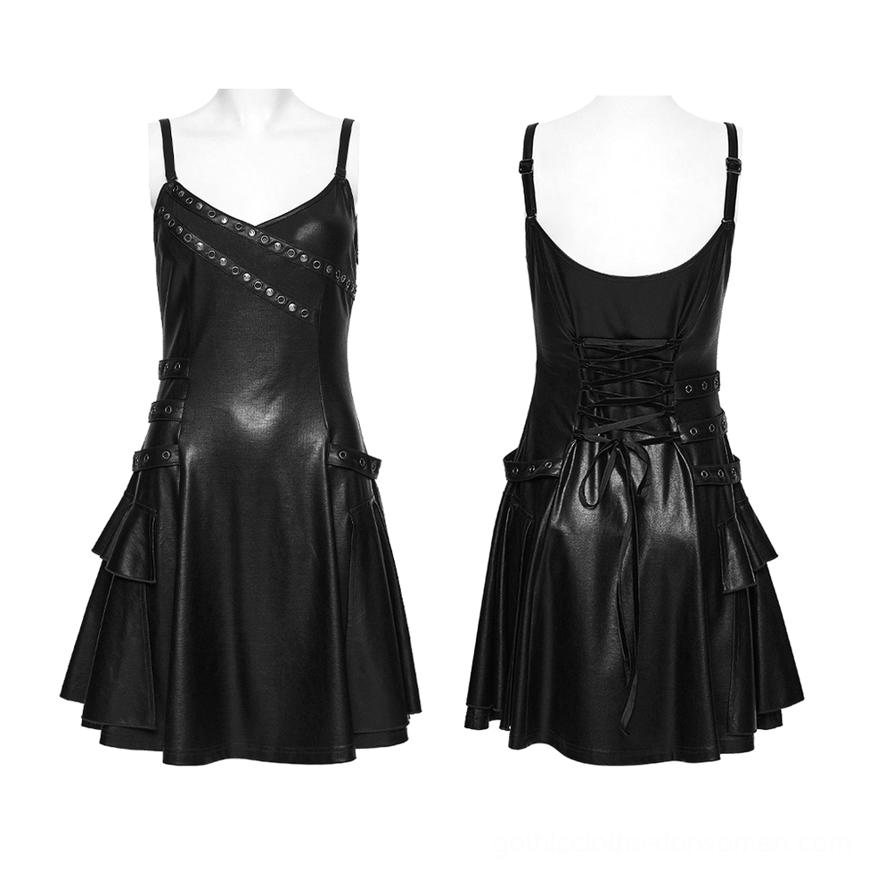 Black gothic slip dress front and back mannequin display with lace-up corset and side pockets