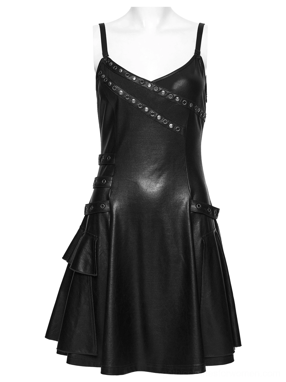 Black gothic slip dress front mannequin view featuring spaghetti straps and rivet neckline trim