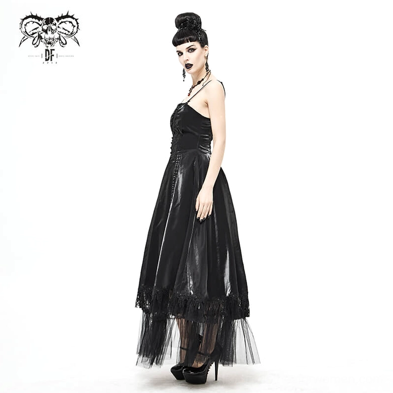 Black gothic slip dress front flat lay showing complete silhouette with drawstring waist and tulle hem