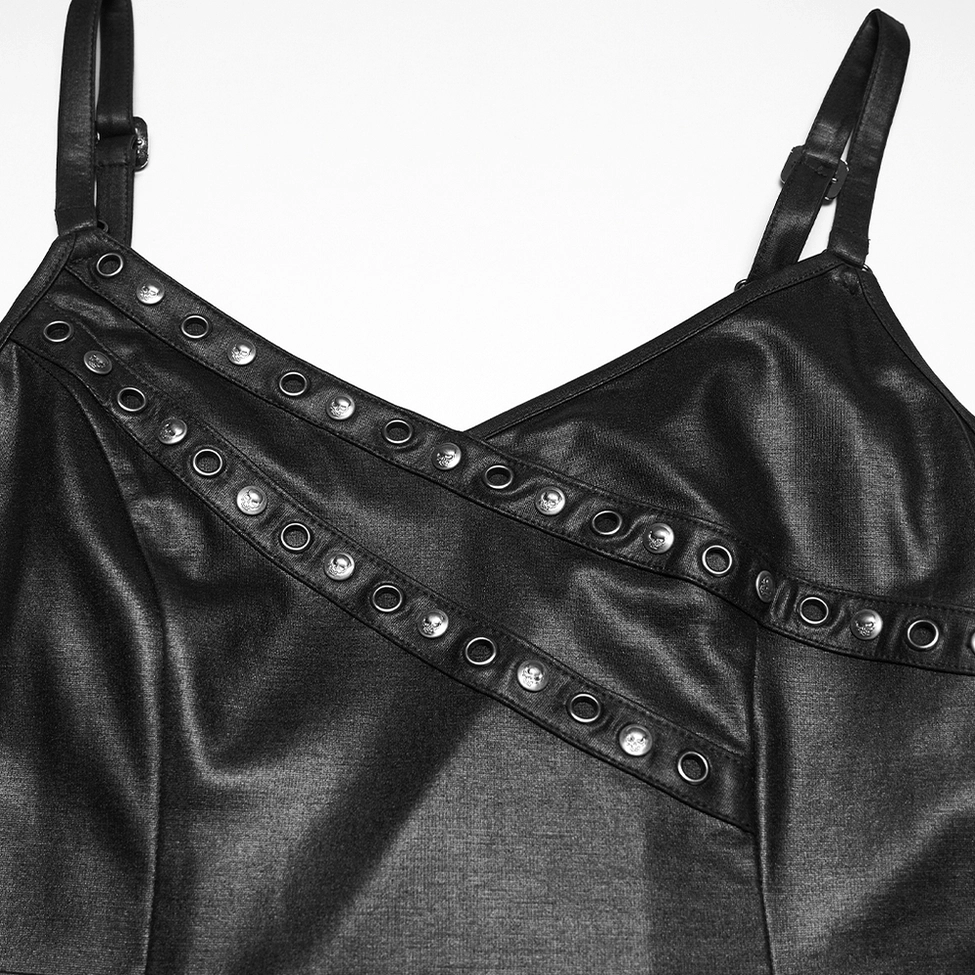 Close-up of black gothic slip dress neckline with adjustable spaghetti straps and rivet eyelet trim