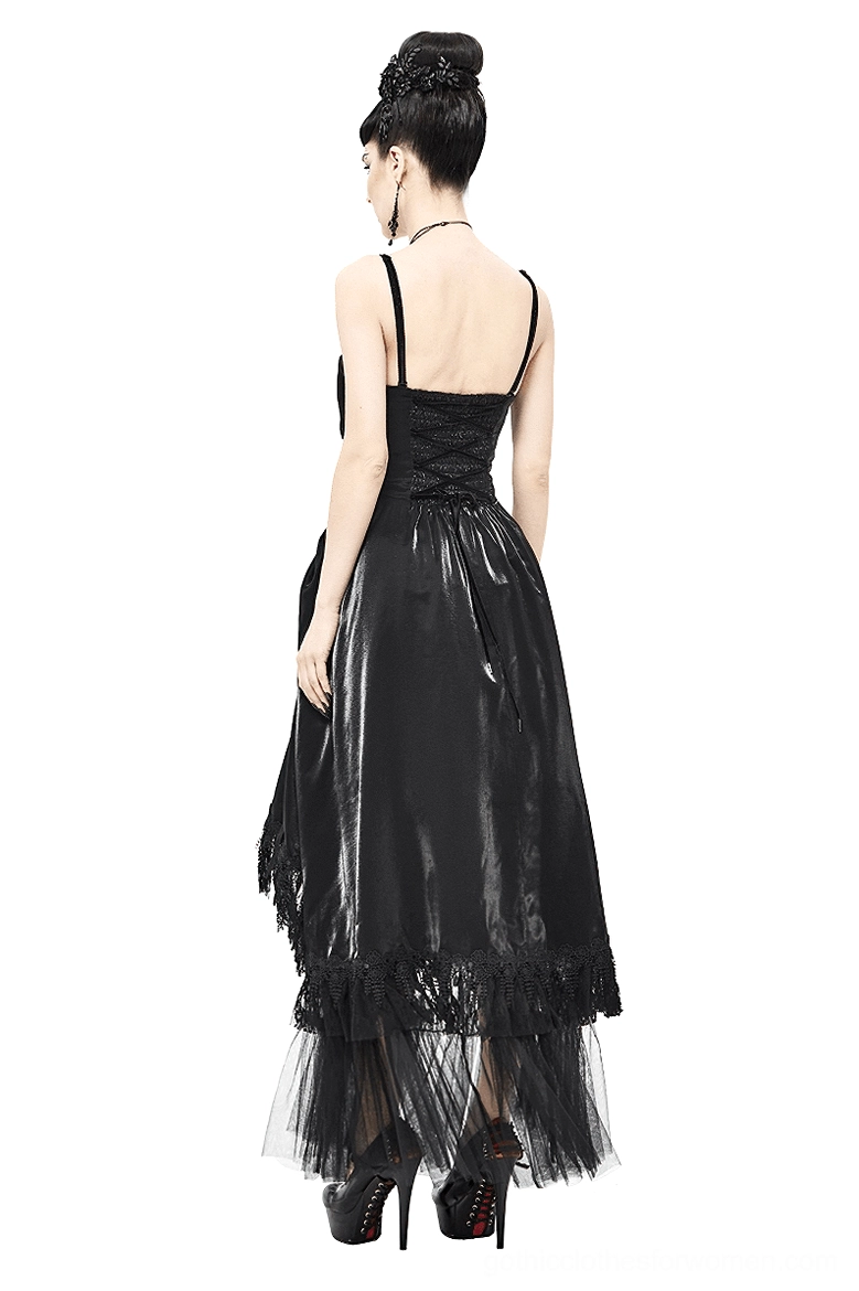 Gothic black slip dress rear view showing lace-up corset back design and ruffled tulle hem detail