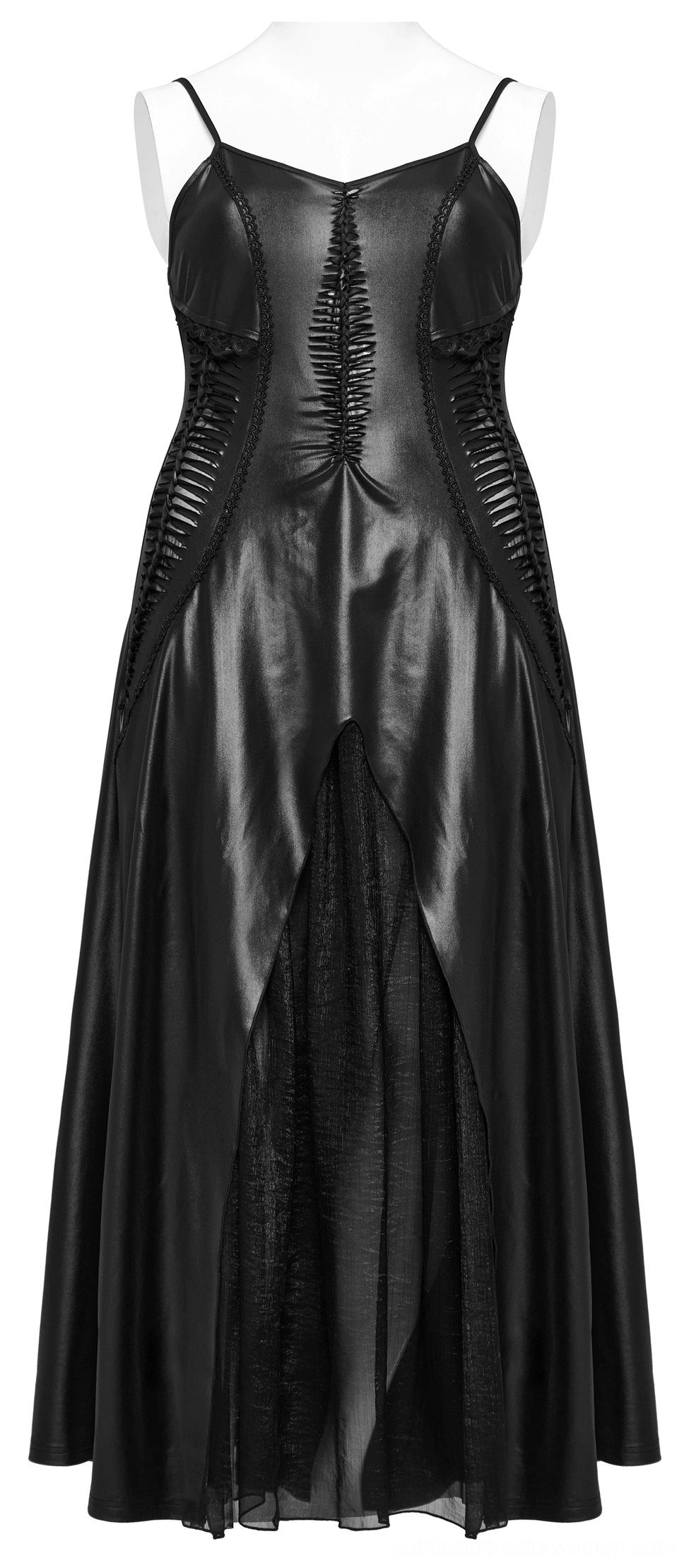 Black gothic slip maxi dress with sheer mesh panel at front split, displayed on dress form, full-body view