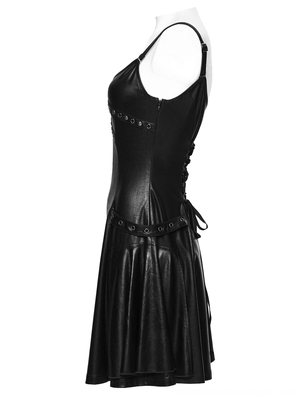 Black gothic slip dress side back mannequin view highlighting lace-up corset back design