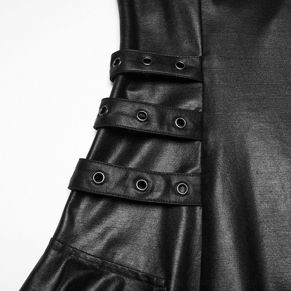 Close-up of black gothic slip dress side strap with rivet and eyelet decorative accents