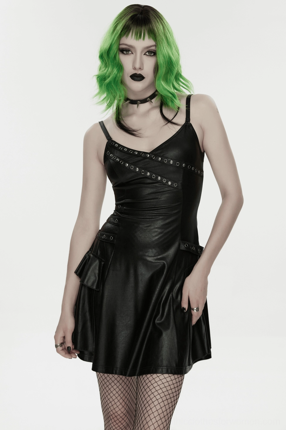 Black gothic slip dress alternative angle showing A-line silhouette and overall proportion