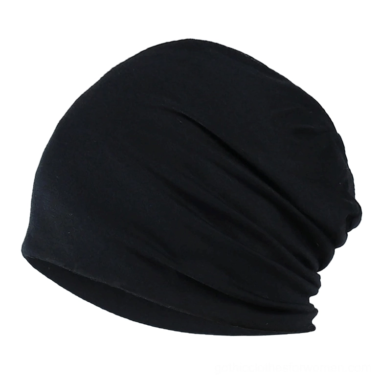 Black gothic slouch beanie hat with ruched design, soft stretch cotton fabric, three-quarter view