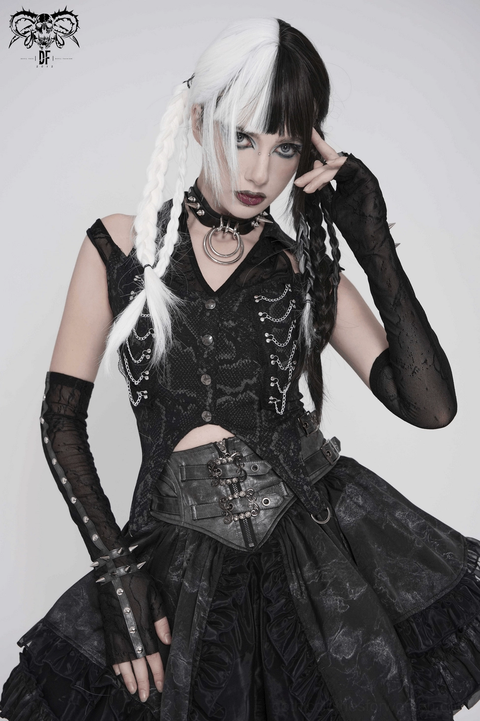 Product image of black gothic fingerless arm sleeves with spike studs displayed for e-commerce showcasing all details