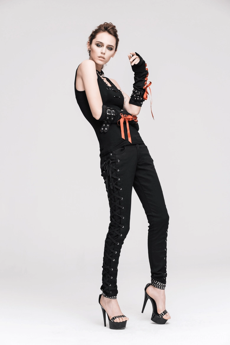 Black gothic spike tank top featuring metal hardware accents and innovative strap design, steampunk aesthetic