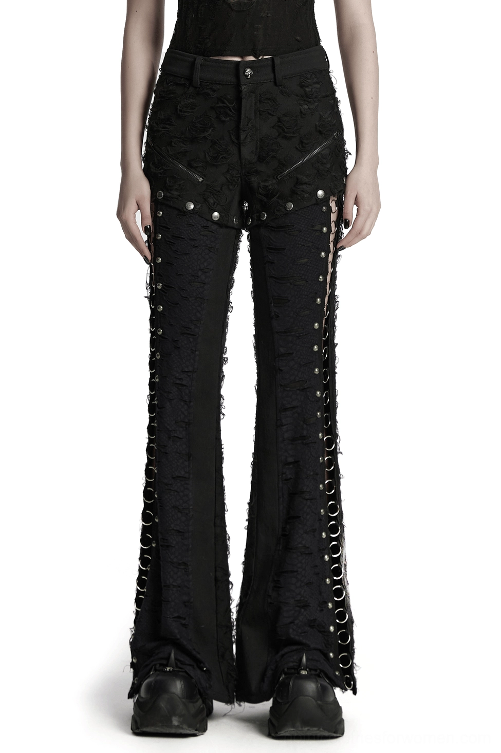 Black gothic split-leg pants with metal O-rings front view on model - tattered rose texture distressed flared trousers