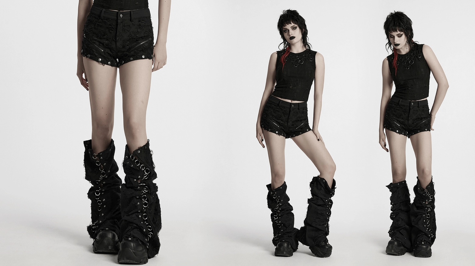 Black gothic split-leg pants product display flat lay with O-ring hardware details