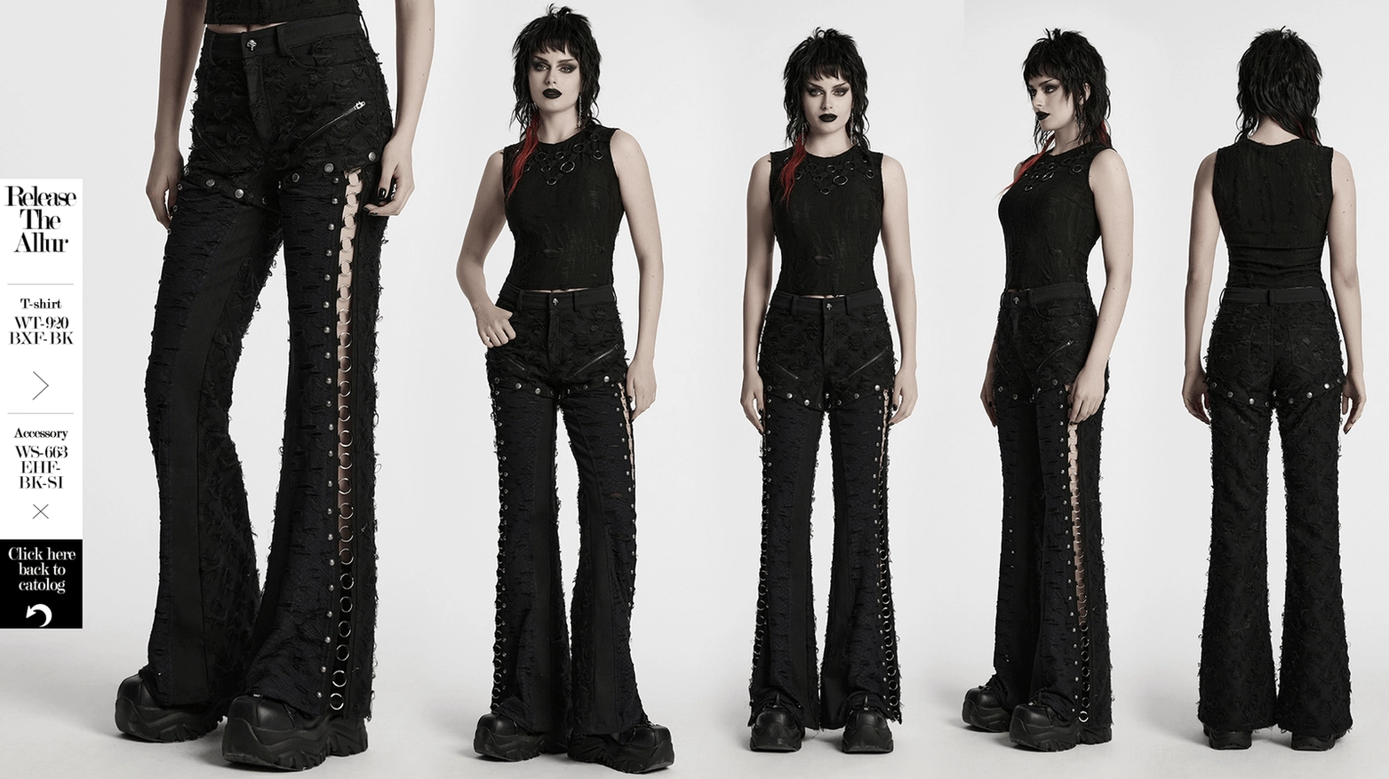 Black gothic split-leg pants tattered rose texture distressed wide-leg styling overview
