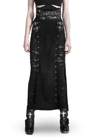 Black gothic split skirt with metal eyelets and waist harness worn on female model, front full-body view showcasing high waist and daring side splits