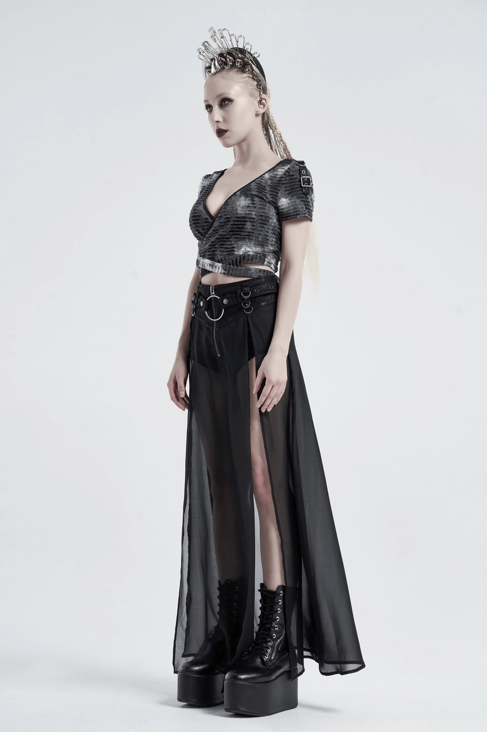 Black gothic sheer split maxi skirt model wearing styled with accessories