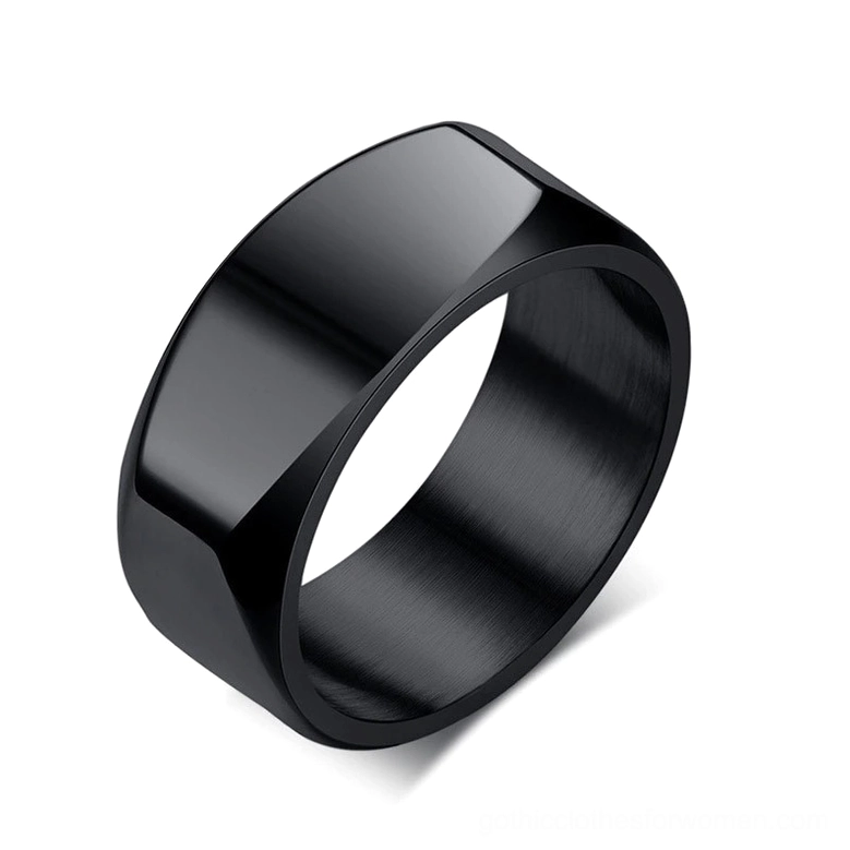 Black IP-plated stainless steel gothic band ring with beveled edges, three-quarter view on white background