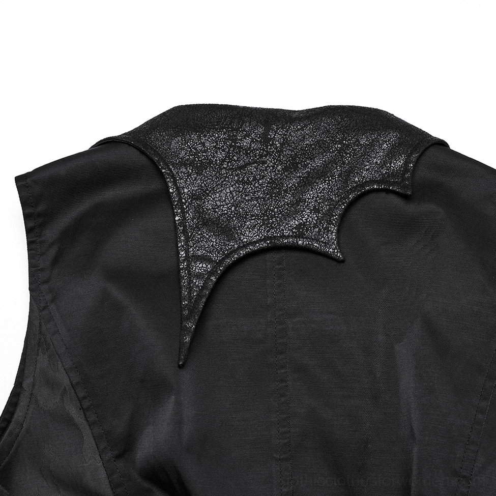 Close-up detail of black gothic steampunk waistcoat back collar showing bat-shaped glittery leather trim