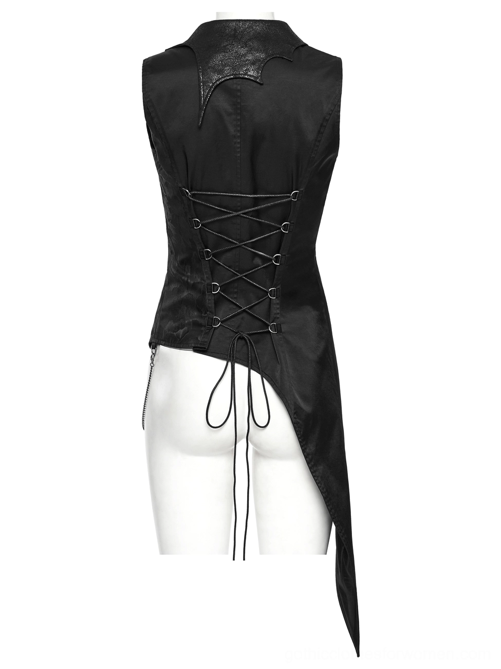 Black gothic steampunk waistcoat back view showing lace-up corset back closure and bat-shaped leather trim detail