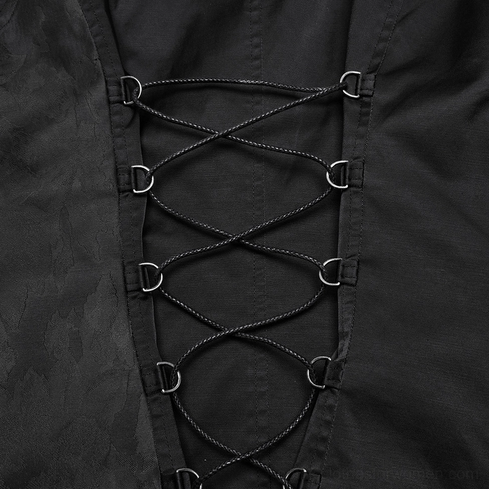 Black gothic steampunk waistcoat additional detail view showing chain decoration and metal hardware construction