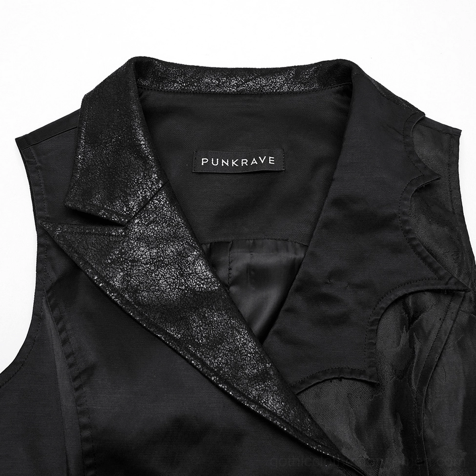 Close-up detail of black gothic steampunk waistcoat collar featuring glittery leather lapel and brand label
