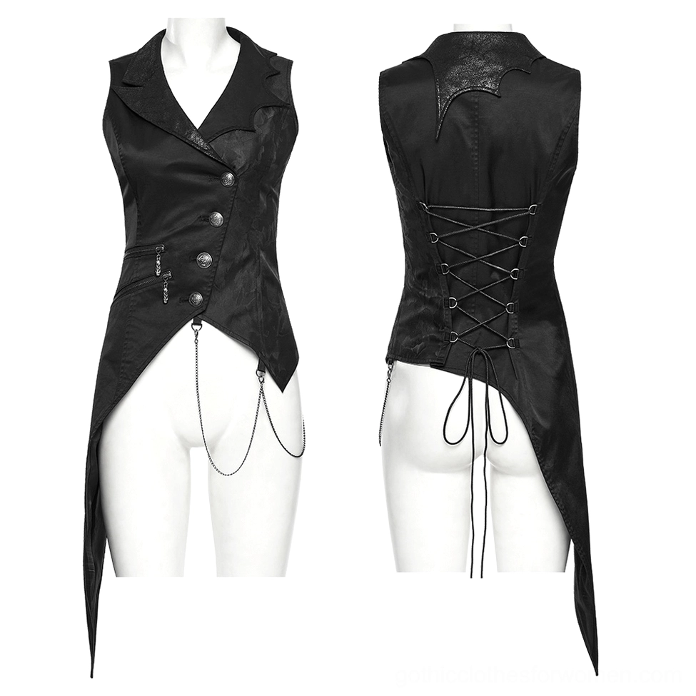 Black gothic steampunk waistcoat front and back mannequin display showing asymmetric design, chain pendant, and lace-up corset back closure