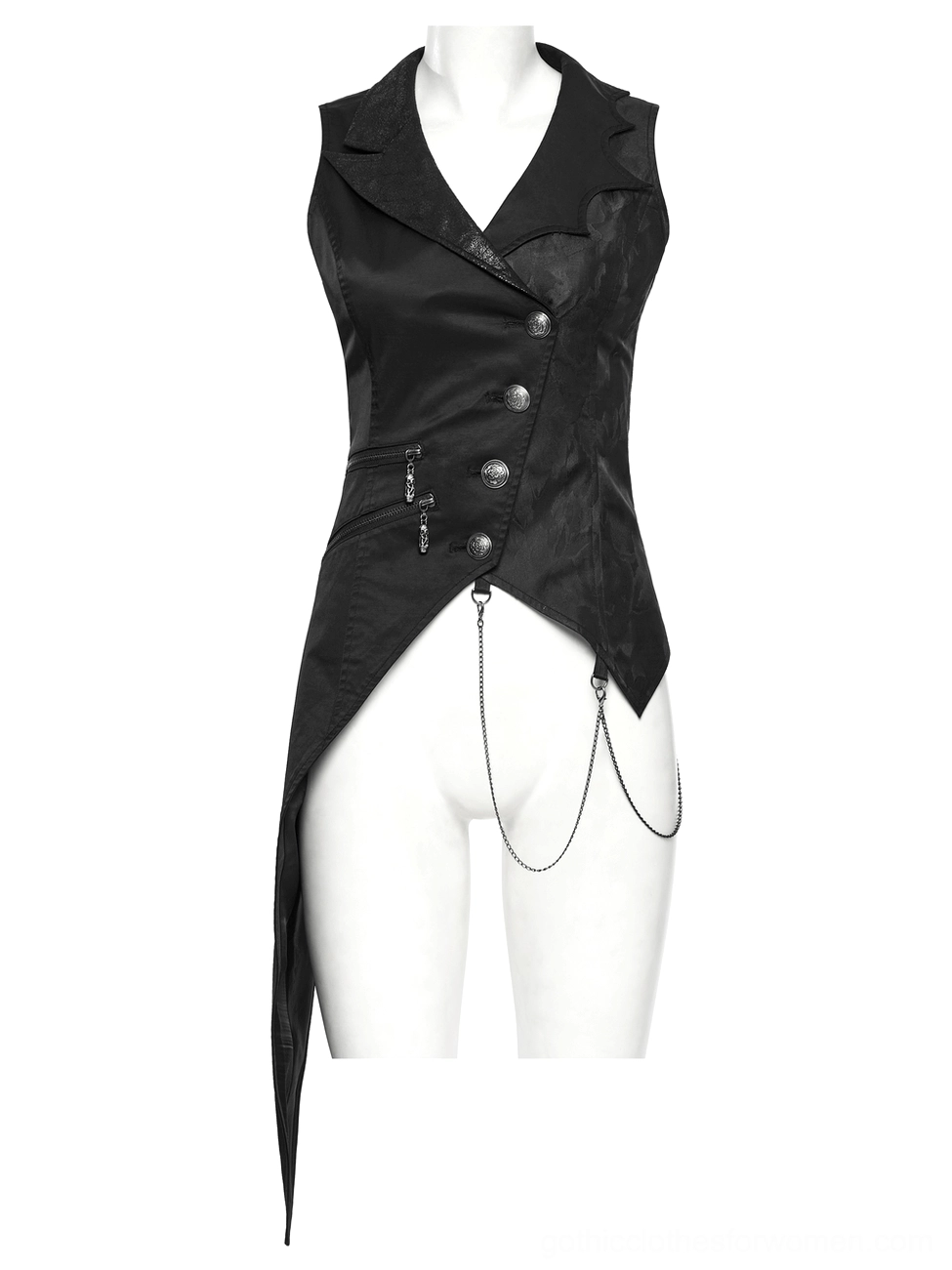 Black gothic steampunk waistcoat front view on dress form mannequin with notched lapel and metal button details