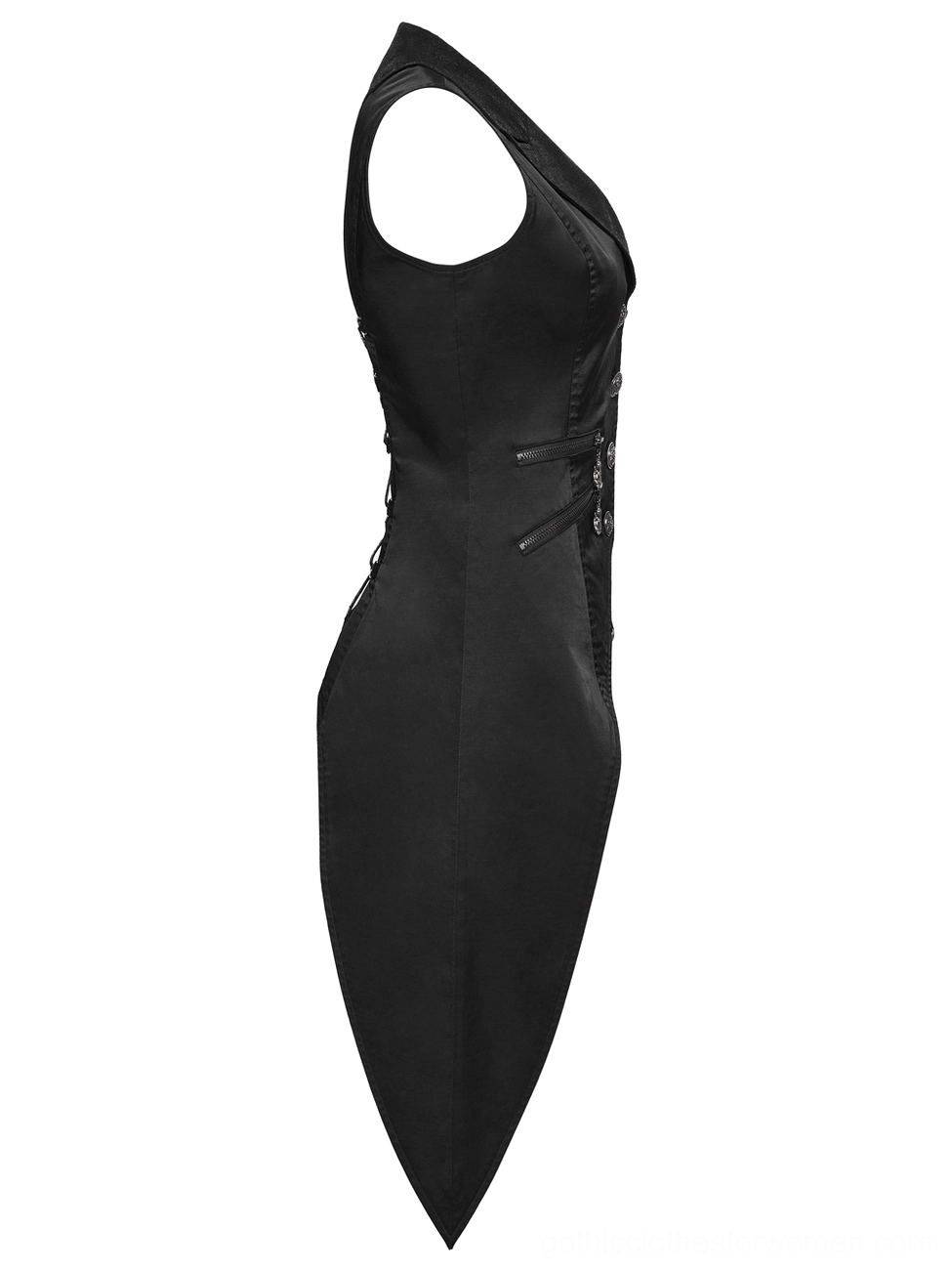 Black gothic steampunk waistcoat side profile view showing asymmetric pointed hem, shoulder cutout details, and side lace