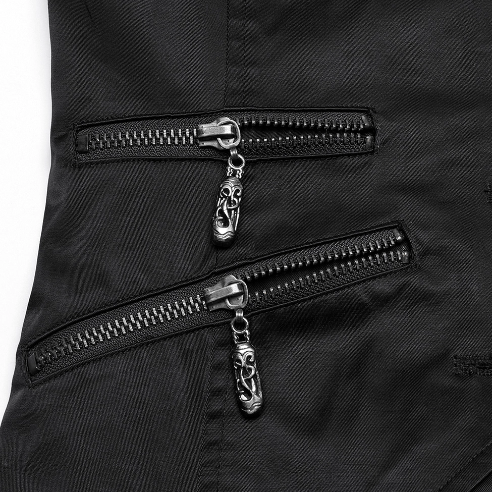 Close-up detail of black gothic steampunk waistcoat showing metal zipper with skull-shaped zipper pulls