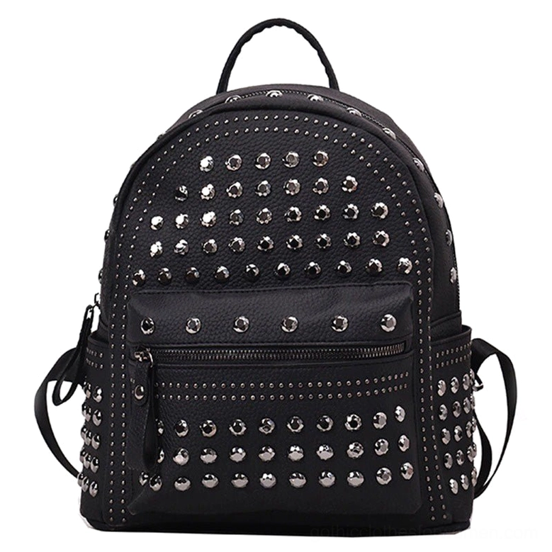 Black gothic studded backpack front view with silver rivets and textured pebbled leather