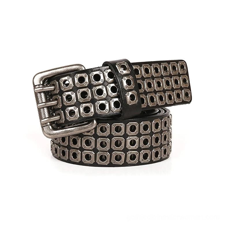 Black studded leather gothic belt with silver double-prong buckle and square metal grommets, displayed at oblique angle on white studio background