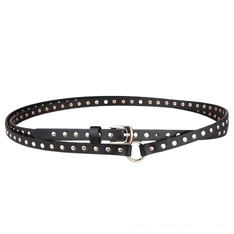 Black gothic studded thin belt with dual gold pin buckles, flat lay front view showing full rivet embellishment