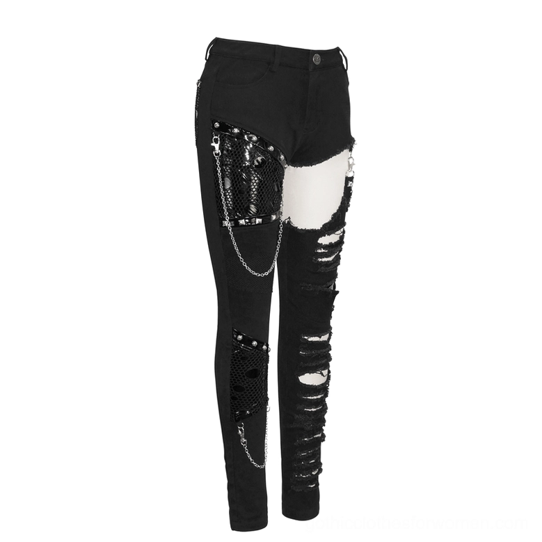 Black gothic studded ripped chain pants with asymmetrical design, front side view detail