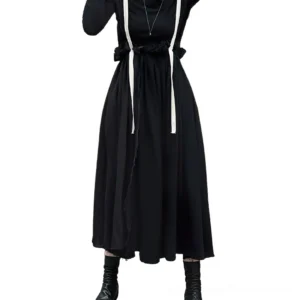 Black gothic suspender skirt front three-quarter view displaying empire waistline ruffle detail and flowing ball gown silhouette