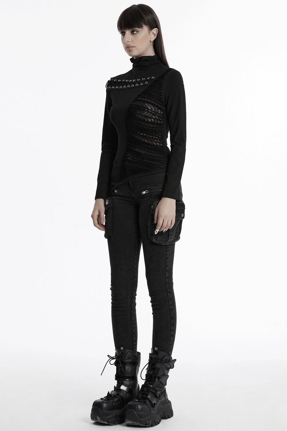 Black asymmetrical gothic mesh sweatshirt focus on mesh panel construction showing contrast between solid knit and sheer polyester blend fabrics