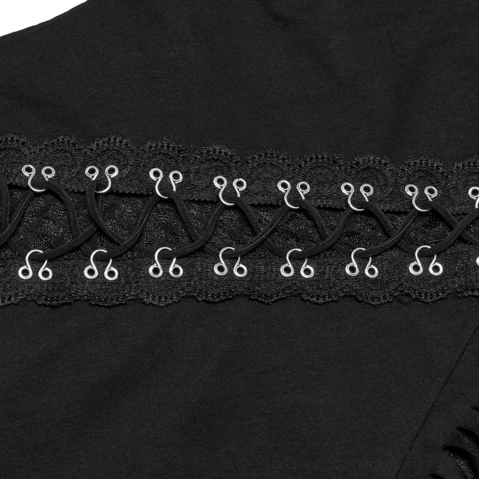 Close-up detail of metal eyelet lace-up shoulder trim on black gothic sweatshirt showing industrial hardware and scalloped lace edge design