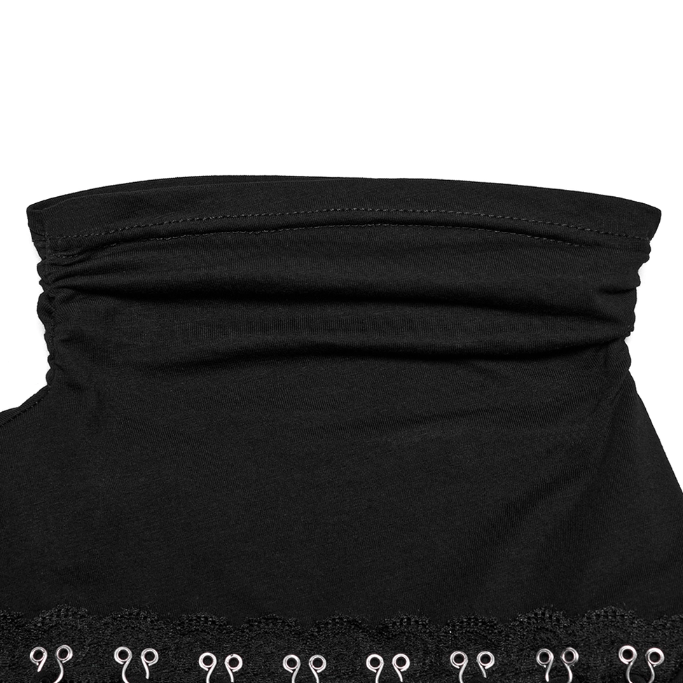 Close-up detail of black turtleneck collar on gothic mesh sweatshirt showing ruched knit fabric texture and metal lace trim hemming