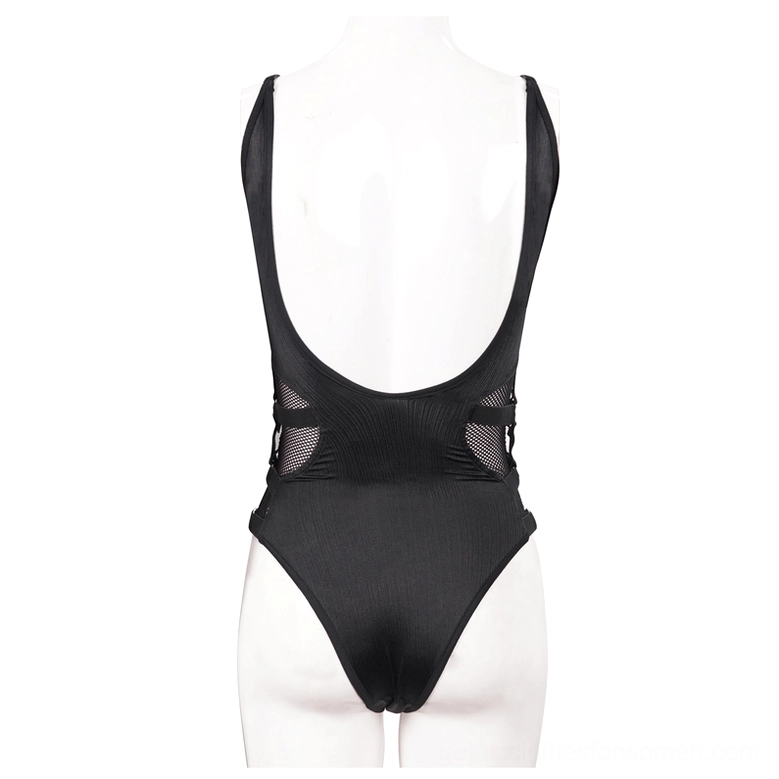 Black gothic one-piece swimsuit mannequin back view showing ultra-low back and mesh waist cutouts