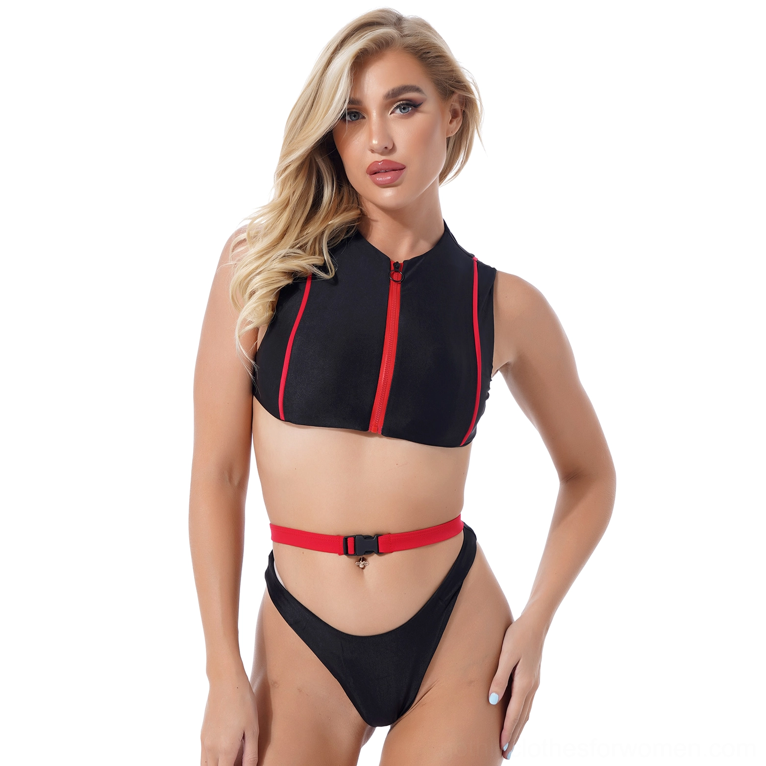 Gothic black swimwear with red waist belt and front zipper crop top, front facing pose