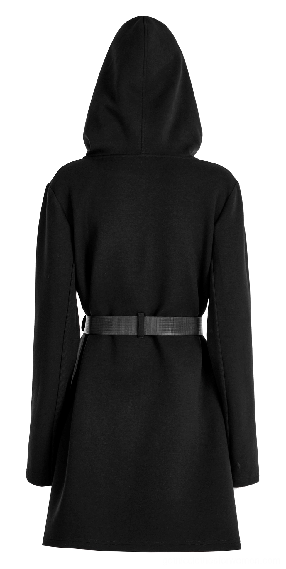 Black gothic hooded tactical dress back full view with solid panel and matching belt attachment