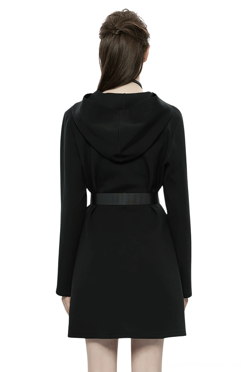 Black gothic hooded tactical dress back view on model showing structured hood and belt design