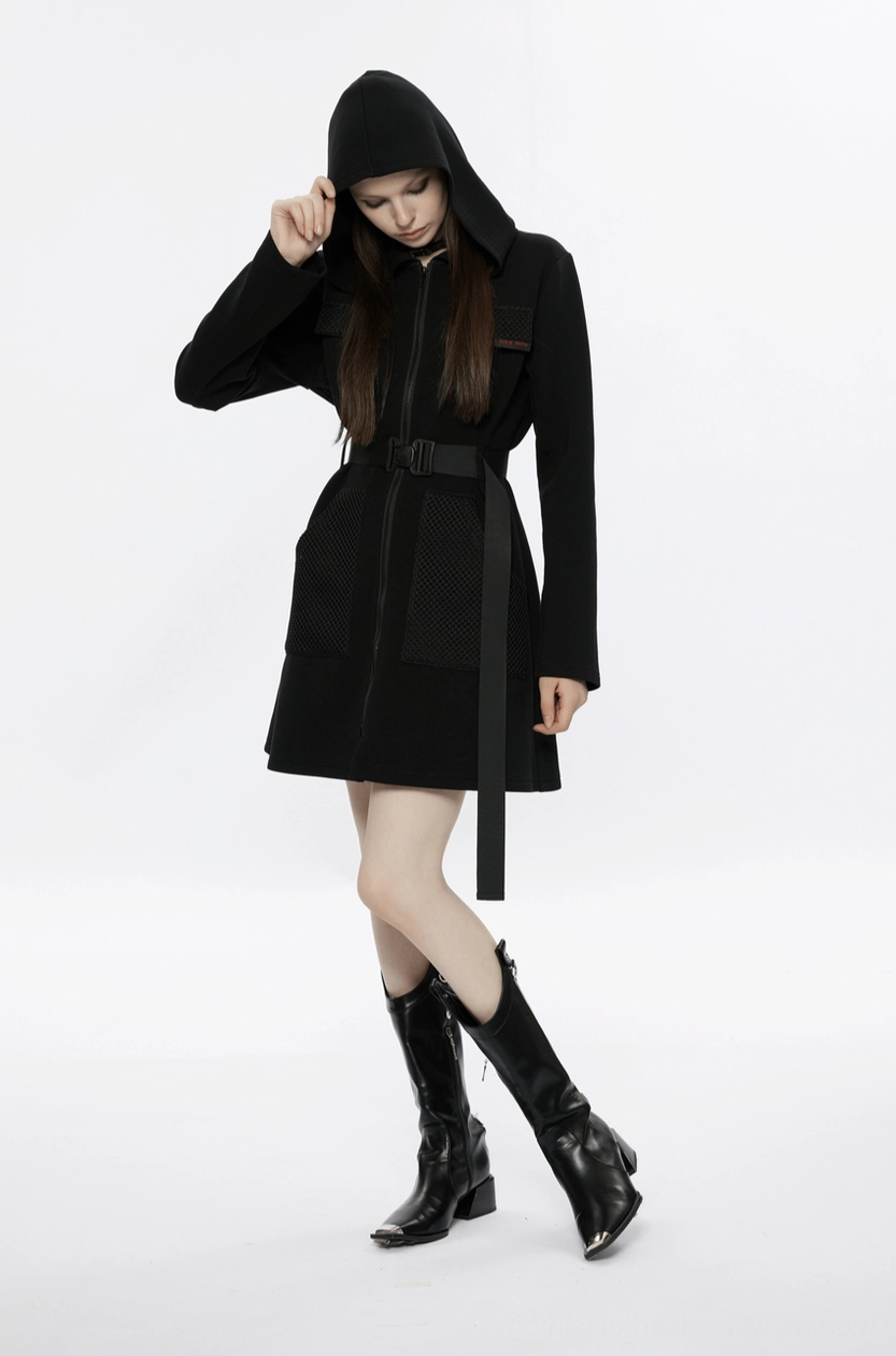 Black gothic tactical dress color and sheen detail under natural light