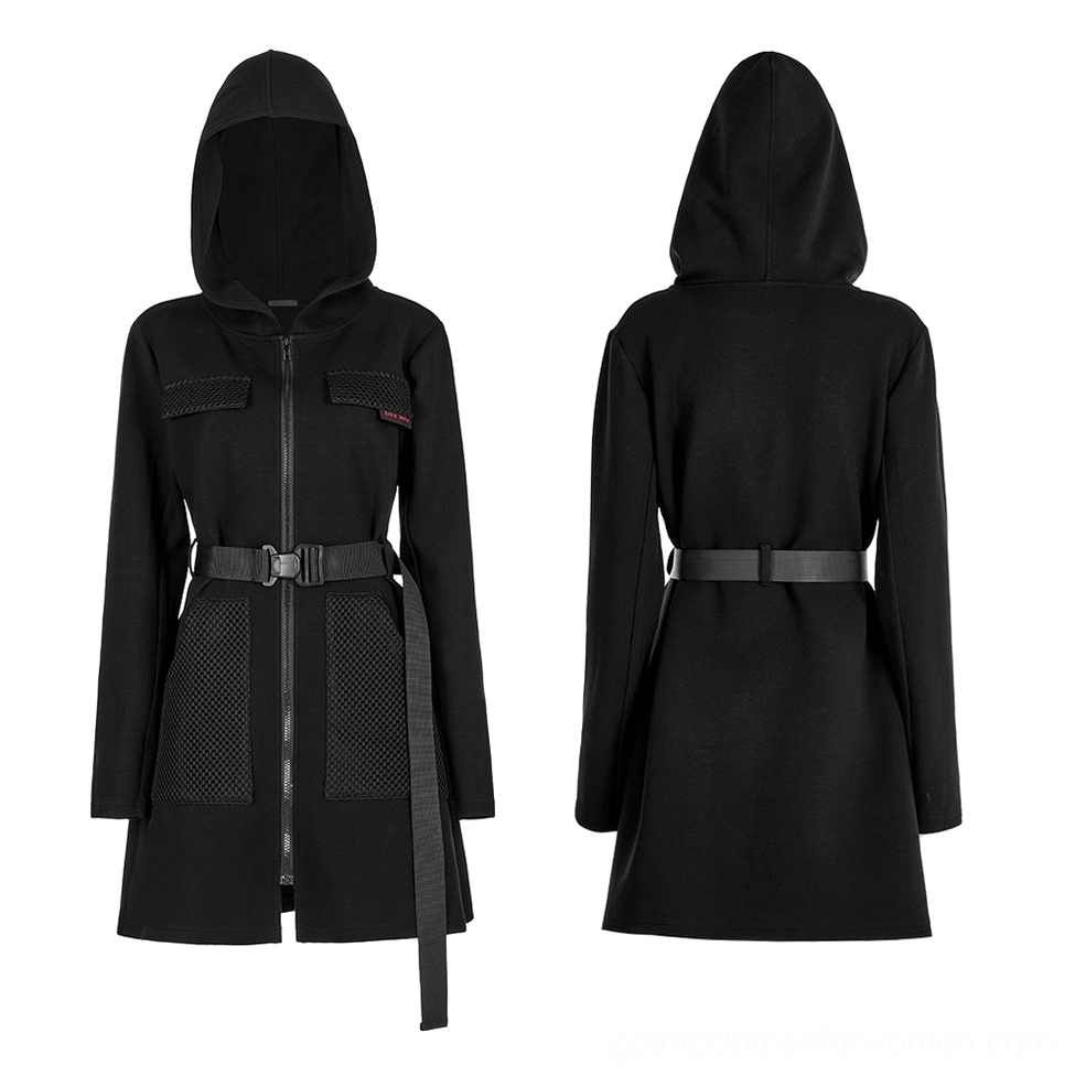 Black gothic hooded tactical dress front and back product display with mesh pocket details
