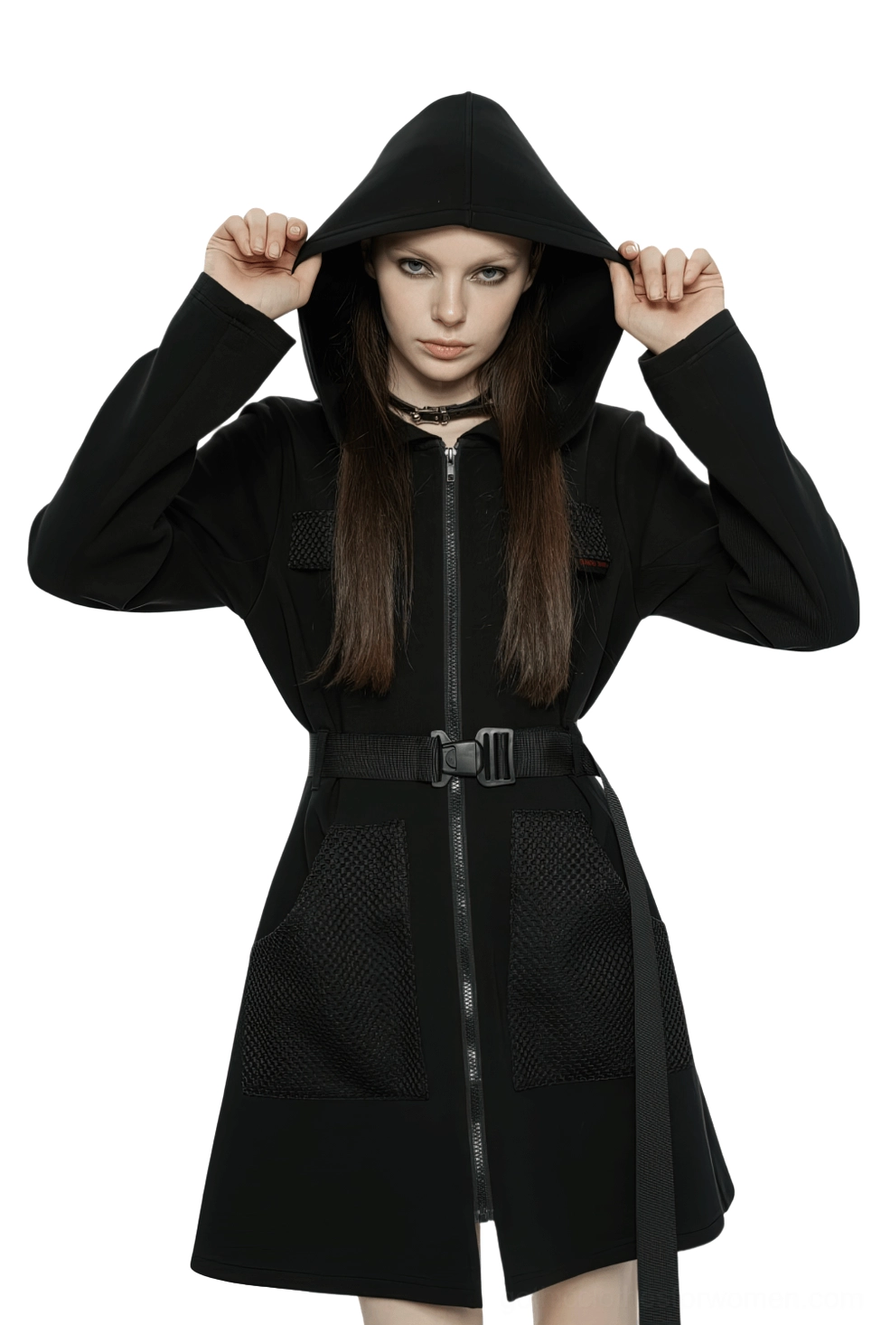 Black gothic hooded tactical dress front view on model with adjustable buckle belt and mesh pockets